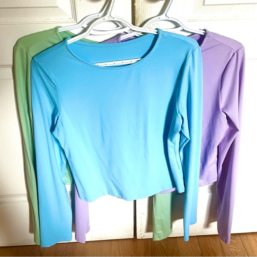 NWOT Set of 3 Pastel Cropped Long Sleeve Shirts- Blue, Purple & Green